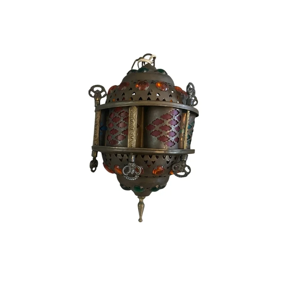 Vintage Moroccan Brass Jeweled Lantern Hanging Swag Lamp Colorful Glass Cabochon